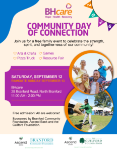 poster announcing 'Community Day of Connection' by BHcare with event details and circular photo cutouts of families; colorful shapes and pennant banner styling