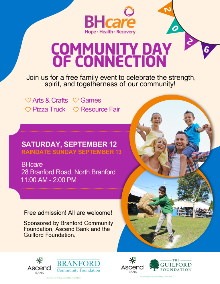 poster announcing 'Community Day of Connection' by BHcare with event details and circular photo cutouts of families; colorful shapes and pennant banner styling