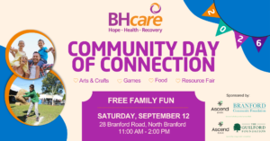 Poster for BHcare Community Day of Connection with smiling family photos on the left and bold purple event title on beige background