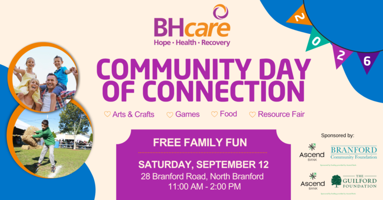 Poster for BHcare Community Day of Connection with smiling family photos on the left and bold purple event title on beige background